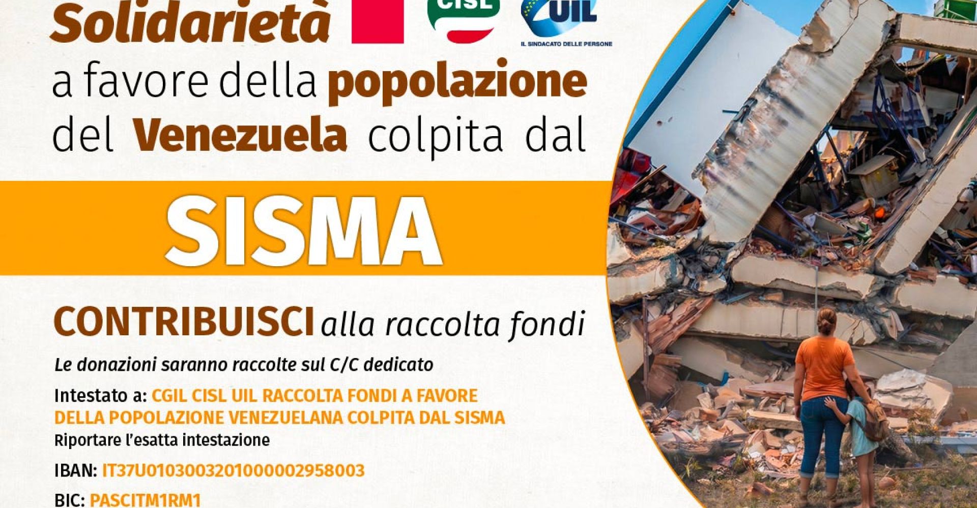 TERREMOTO IN VENEZUELA, AL VIA LA RACCOLTA FONDI DI CGIL, CISL E UIL